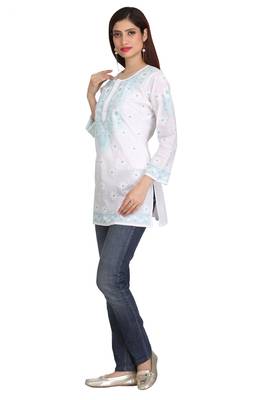Ada White Embroidered Chikankari Cotton Short Kurti 4