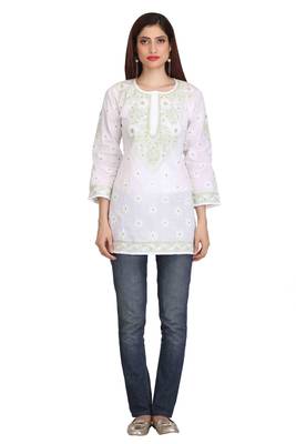 Ada White Embroidered Chikankari Cotton Short Kurti 1
