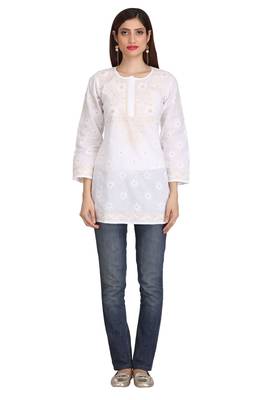 Ada White Embroidered Chikankari Cotton Short Kurti 1
