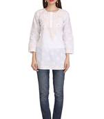 Ada White Embroidered Chikankari Cotton Short Kurti