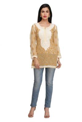 Ada Beige Embroidered Chikankari Georgette Short Kurti 1