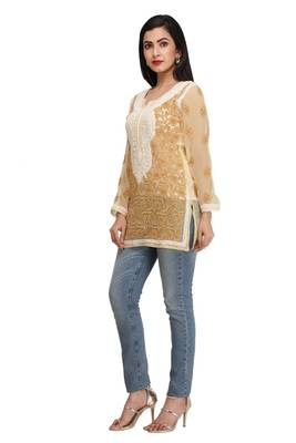 Ada Beige Embroidered Chikankari Georgette Short Kurti 3