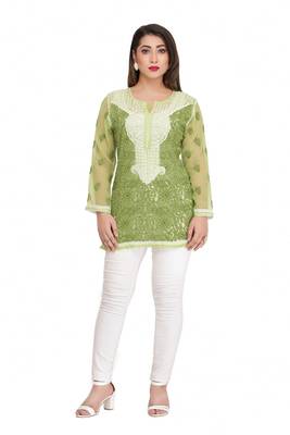 Ada Green Embroidered Chikankari Georgette Short Kurti  2