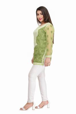 Ada Green Embroidered Chikankari Georgette Short Kurti  4