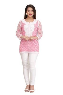 Ada Hand Embroidered Mauve Georgette Lucknow Chikan Kurti with Slip 2