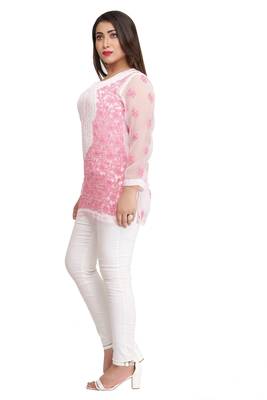 Ada Hand Embroidered Mauve Georgette Lucknow Chikan Kurti with Slip 4