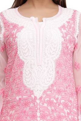Ada Hand Embroidered Mauve Georgette Lucknow Chikan Kurti with Slip 5