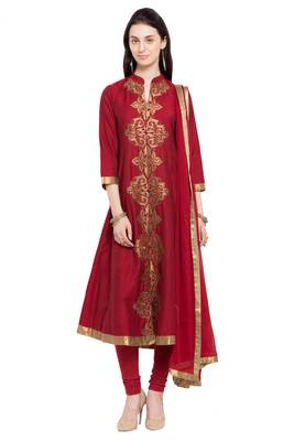 Maroon Embroidered Cotton Salwar With Dupatta 1
