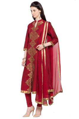 Maroon Embroidered Cotton Salwar With Dupatta 2
