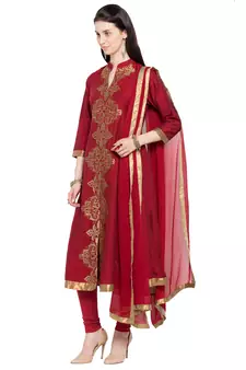 Maroon Embroidered Cotton Salwar With Dupatta