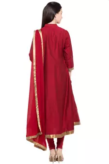 Maroon Embroidered Cotton Salwar With Dupatta