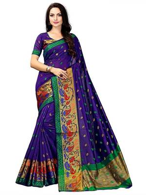 Royal blue woven poly cotton saree with blouse 1