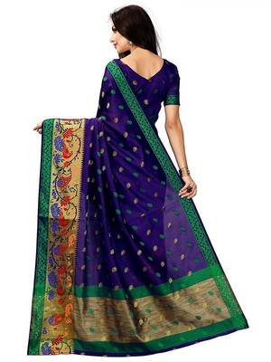 Royal blue woven poly cotton saree with blouse 2