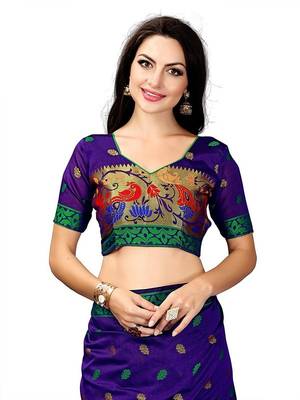Royal blue woven poly cotton saree with blouse 3