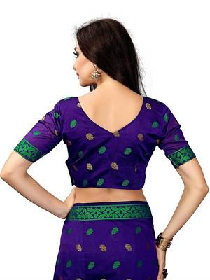 Royal blue woven poly cotton saree with blouse 4