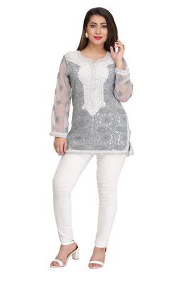 Ada Grey Embroidered Georgette Chikankari Short Kurti  1
