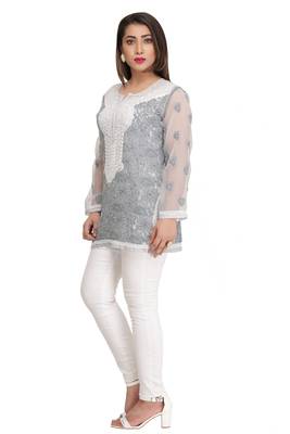 Ada Grey Embroidered Georgette Chikankari Short Kurti  3