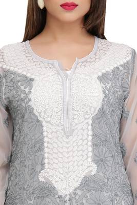 Ada Grey Embroidered Georgette Chikankari Short Kurti  4
