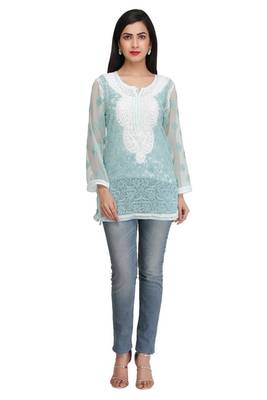 Ada Blue Embroidered Georgette Chikankari Short Kurti  2