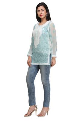 Ada Blue Embroidered Georgette Chikankari Short Kurti  4