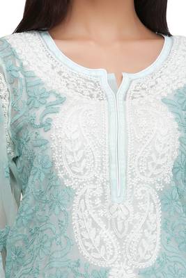 Ada Blue Embroidered Georgette Chikankari Short Kurti  5