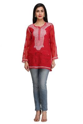 Ada Red Embroidered Georgette Chikankari Short Kurti 2