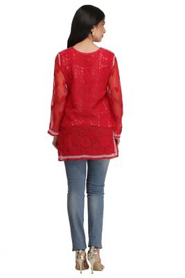 Ada Red Embroidered Georgette Chikankari Short Kurti 3