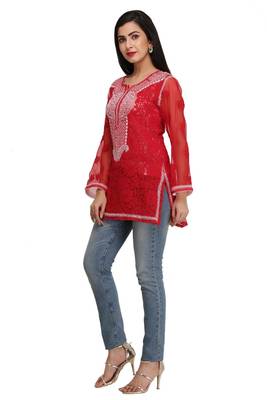 Ada Red Embroidered Georgette Chikankari Short Kurti 4