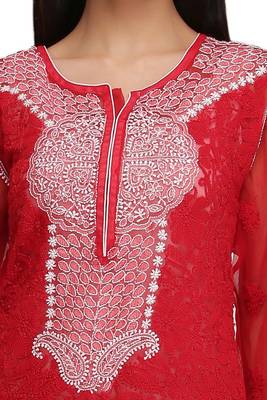 Ada Red Embroidered Georgette Chikankari Short Kurti 5
