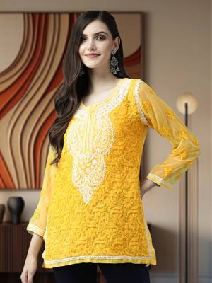 Women Yellow Hand Embroidered Georgette Lucknowi Chikankari Short Kurti With Inner 1