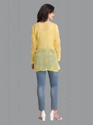 Women Yellow Hand Embroidered Georgette Lucknowi Chikankari Short Kurti With Inner 2