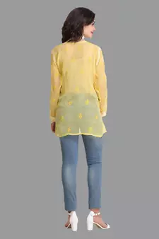 Women Yellow Hand Embroidered Georgette Lucknowi Chikankari Short Kurti With Inner
