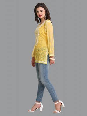 Women Yellow Hand Embroidered Georgette Lucknowi Chikankari Short Kurti With Inner 3
