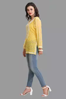 Women Yellow Hand Embroidered Georgette Lucknowi Chikankari Short Kurti With Inner
