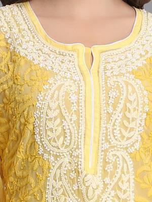 Women Yellow Hand Embroidered Georgette Lucknowi Chikankari Short Kurti With Inner 4