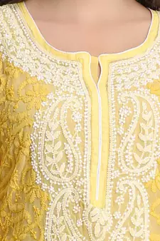 Women Yellow Hand Embroidered Georgette Lucknowi Chikankari Short Kurti With Inner