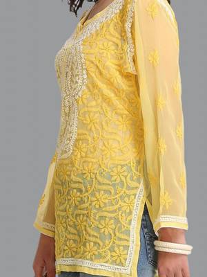 Women Yellow Hand Embroidered Georgette Lucknowi Chikankari Short Kurti With Inner 5