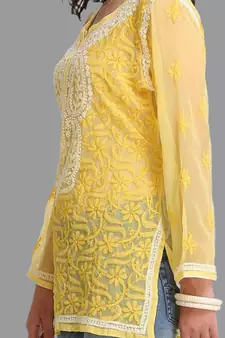 Women Yellow Hand Embroidered Georgette Lucknowi Chikankari Short Kurti With Inner