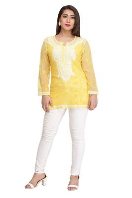 Ada Mustard Embroidered Georgette Chikankari Short Kurti  1