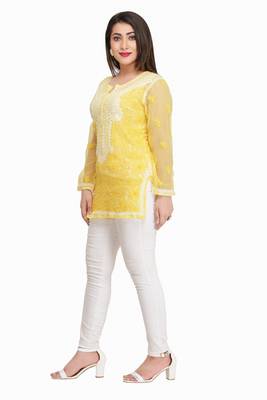 Ada Mustard Embroidered Georgette Chikankari Short Kurti  3