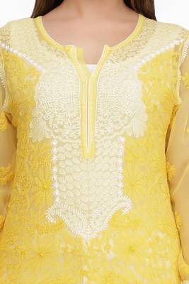 Ada Mustard Embroidered Georgette Chikankari Short Kurti  4