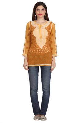Ada Mustard Embroidered Faux Georgette Chikankari Short Kurti  1