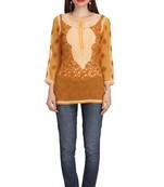 Ada Mustard Embroidered Faux Georgette Chikankari Short Kurti 