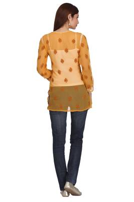 Ada Mustard Embroidered Faux Georgette Chikankari Short Kurti  2