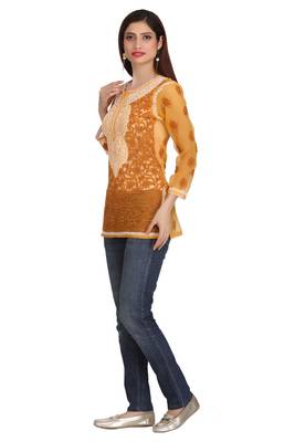 Ada Mustard Embroidered Faux Georgette Chikankari Short Kurti  3