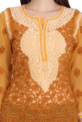 Ada Mustard Embroidered Faux Georgette Chikankari Short Kurti  4