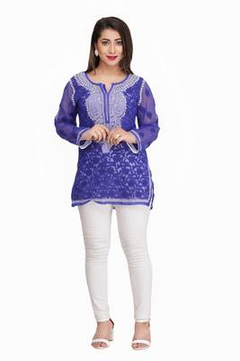 Ada Royal Blue Embroidered Faux Georgette Chikankari Short Kurti 1