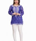 Ada Royal Blue Embroidered Faux Georgette Chikankari Short Kurti