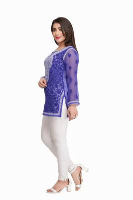 Ada Royal Blue Embroidered Faux Georgette Chikankari Short Kurti 3