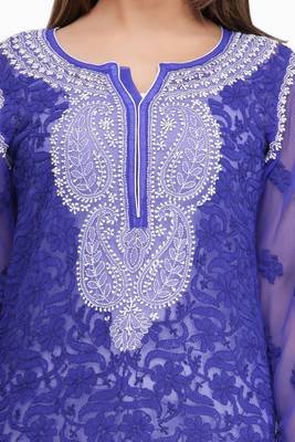 Ada Royal Blue Embroidered Faux Georgette Chikankari Short Kurti 4